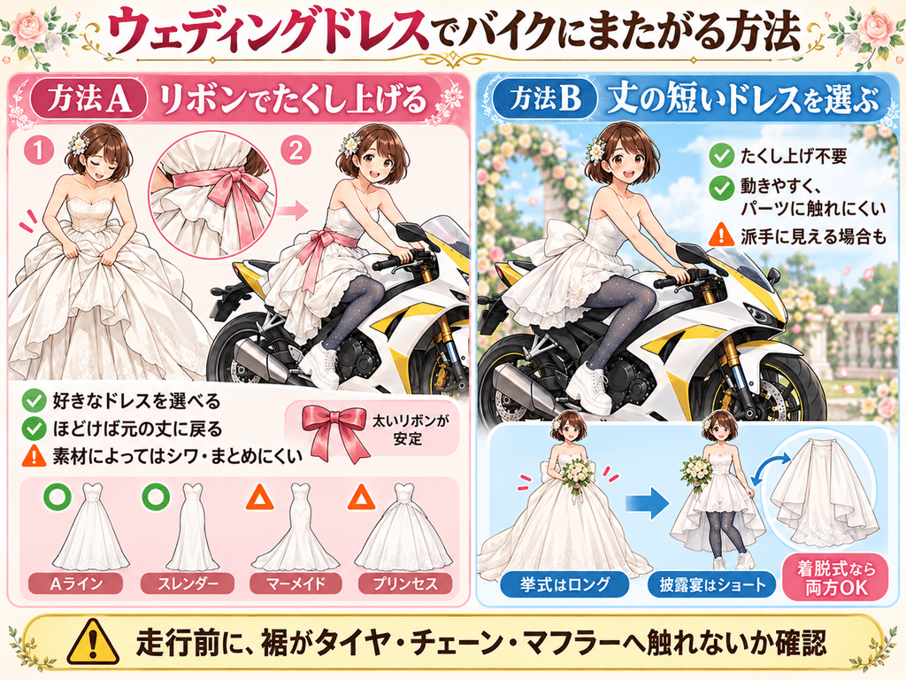 ウェディングドレスでバイクにまたがる方法A(リボンでたくし上げる)と方法B(丈の短いドレス)の比較図